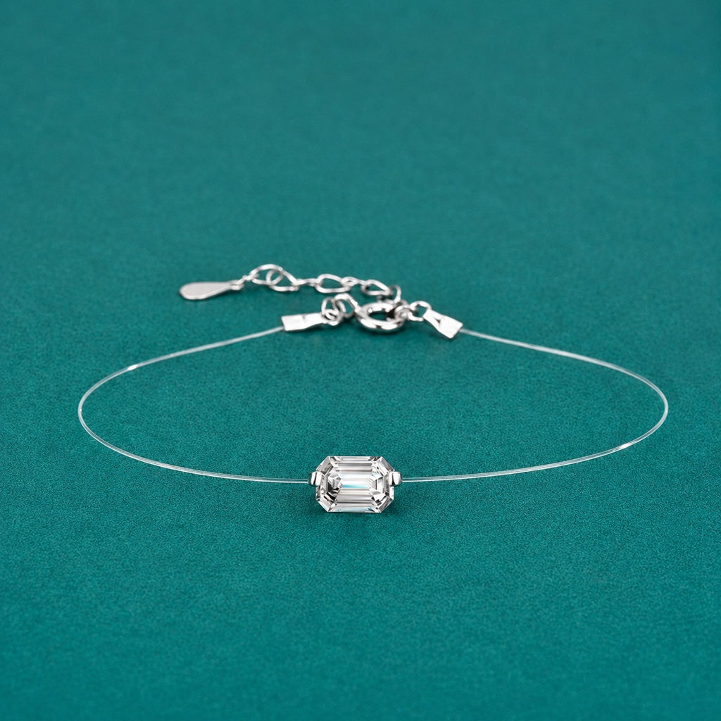 Emerald or Radiant-Cut Moissanite Invisible Chain Bracelet in White Gold-Plated S925 sterling silver close-up bracelet detail view showing clasp and motif