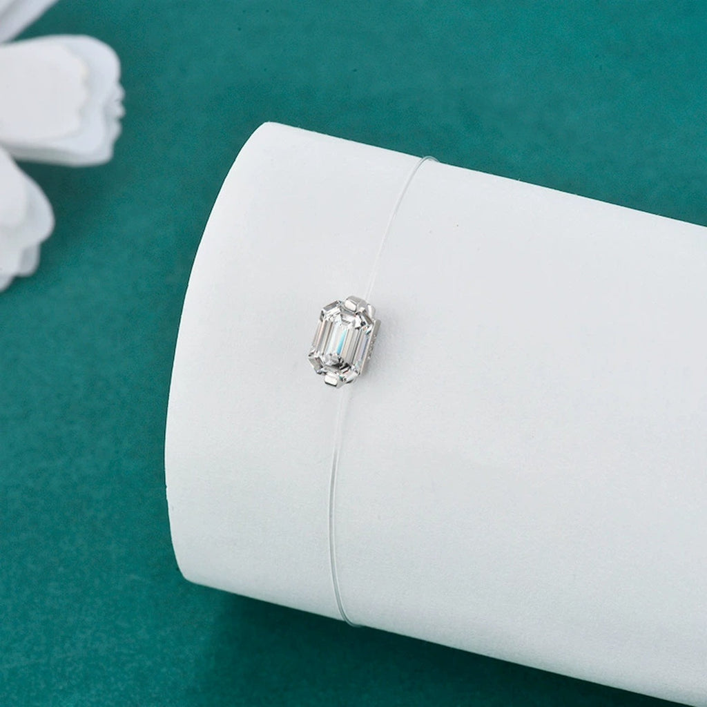 Emerald or Radiant-Cut Moissanite Invisible Chain Bracelet in White Gold-Plated S925 sterling silver additional product photo showing finish and setting