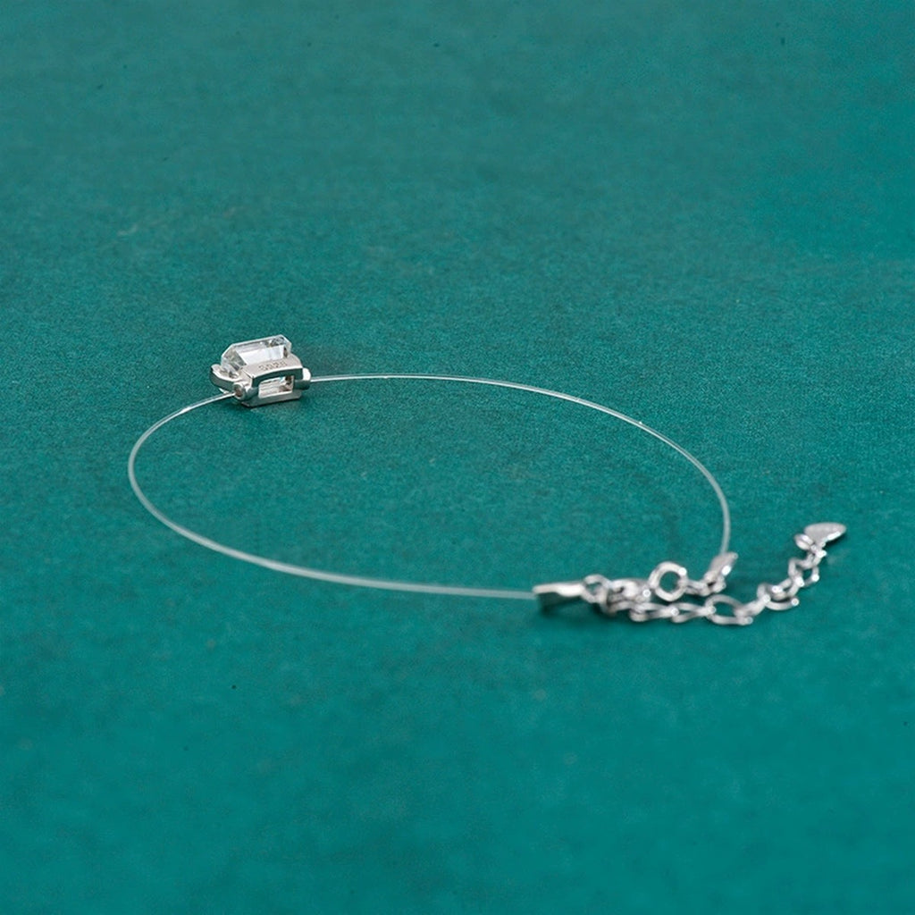 Emerald or Radiant-Cut Moissanite Invisible Chain Bracelet in White Gold-Plated S925 sterling silver additional product photo showing finish and setting