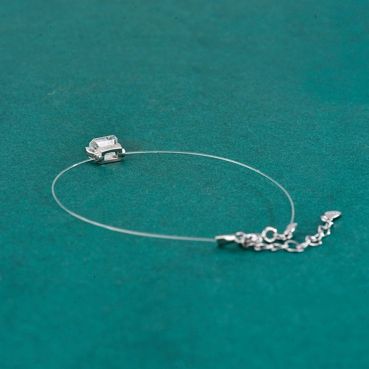 Emerald or Radiant-Cut Moissanite Invisible Chain Bracelet in White Gold-Plated S925 sterling silver additional product photo showing finish and setting