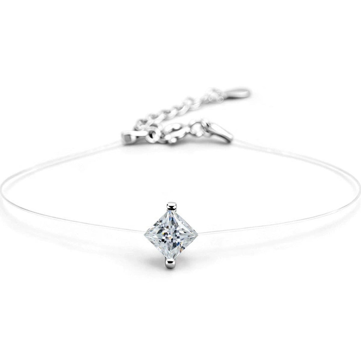 Princess-Cut Moissanite Invisible Chain Bracelet in White Gold-Plated S925 sterling silver white background product photo showing bracelet shape and moissanite setting
