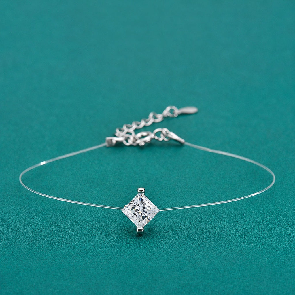 Princess-Cut Moissanite Invisible Chain Bracelet in White Gold-Plated S925 sterling silver styled product scene showing stone sparkle and chain detail