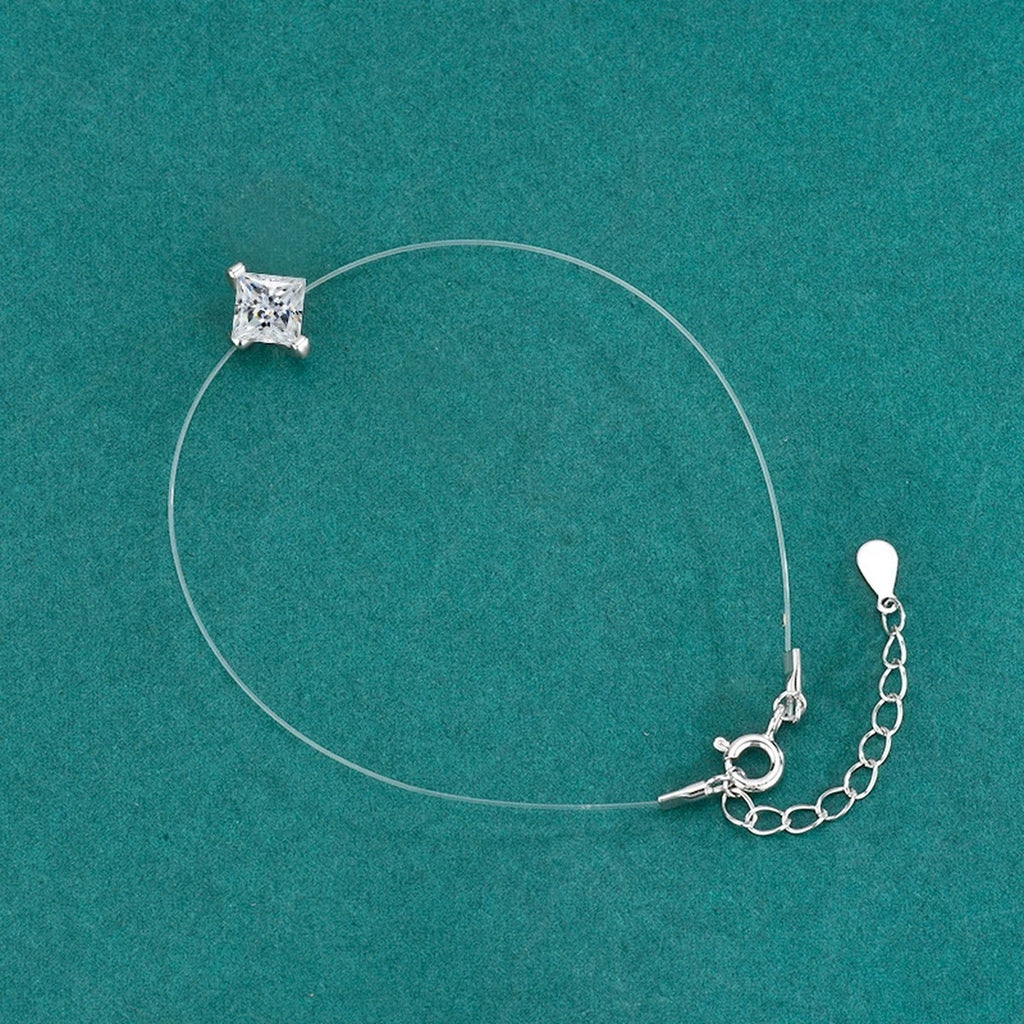 Princess-Cut Moissanite Invisible Chain Bracelet in White Gold-Plated S925 sterling silver close-up bracelet detail view showing clasp and motif