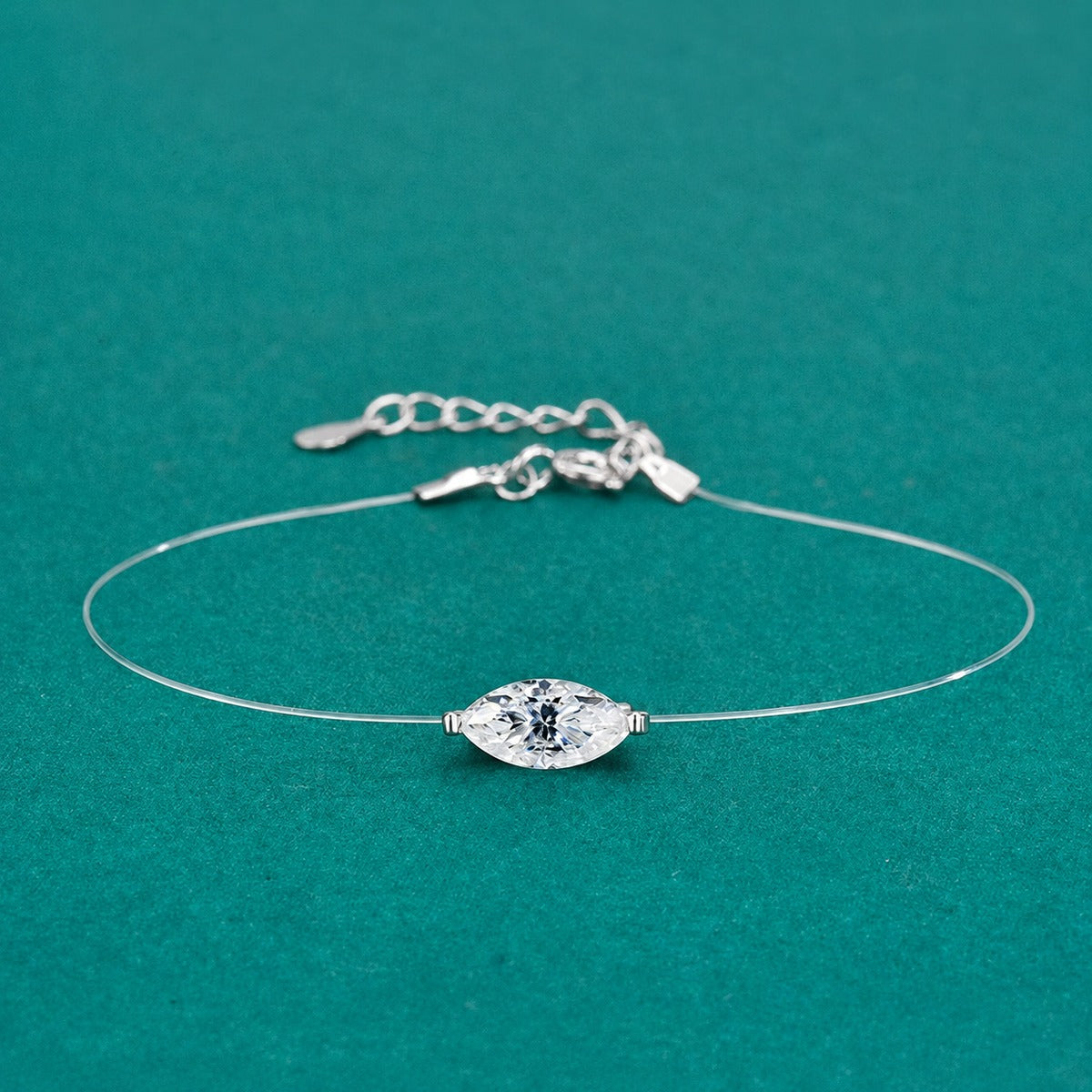 Marquise-Cut Moissanite Invisible Chain Bracelet in White Gold-Plated S925 sterling silver styled product scene showing stone sparkle and chain detail