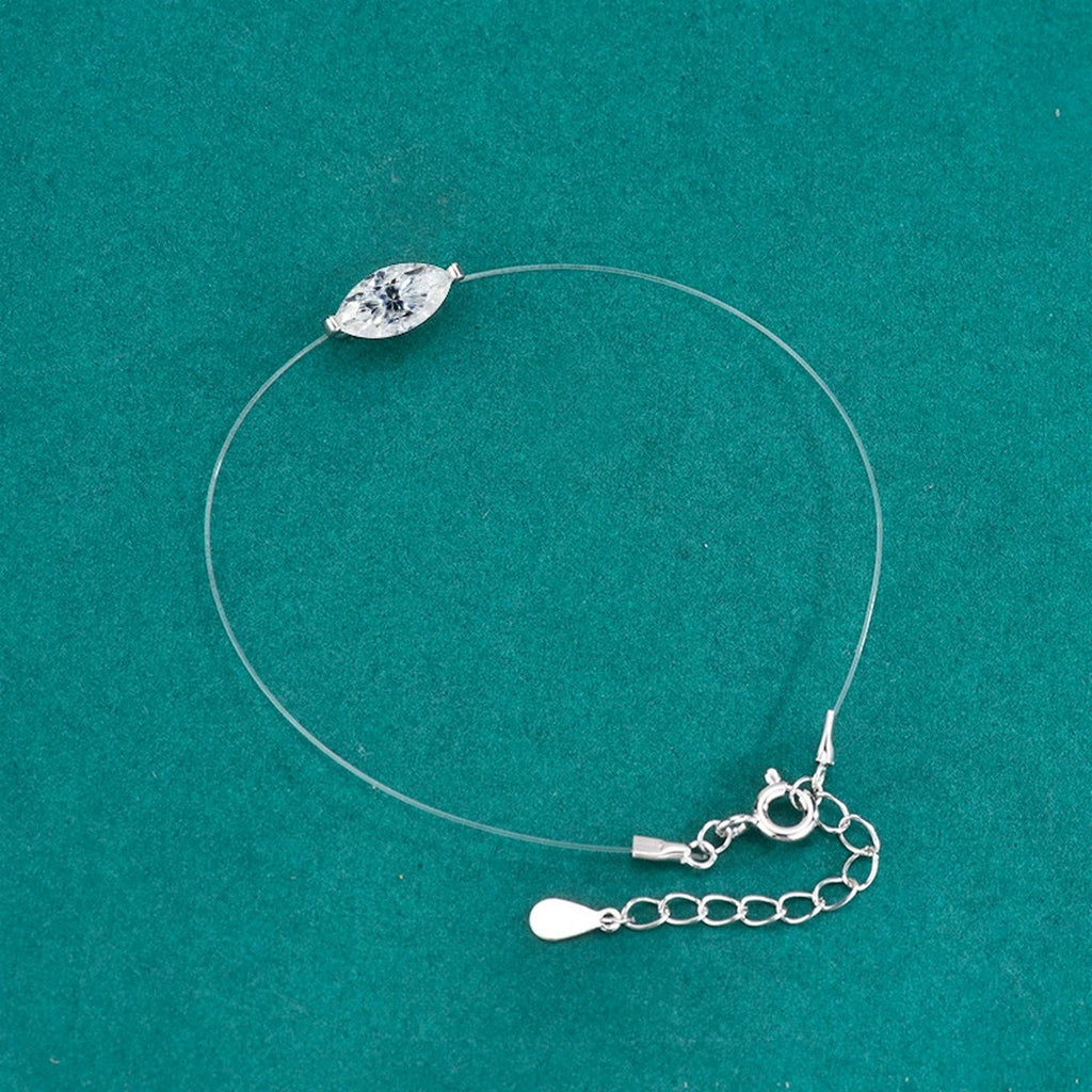 Marquise-Cut Moissanite Invisible Chain Bracelet in White Gold-Plated S925 sterling silver close-up bracelet detail view showing clasp and motif