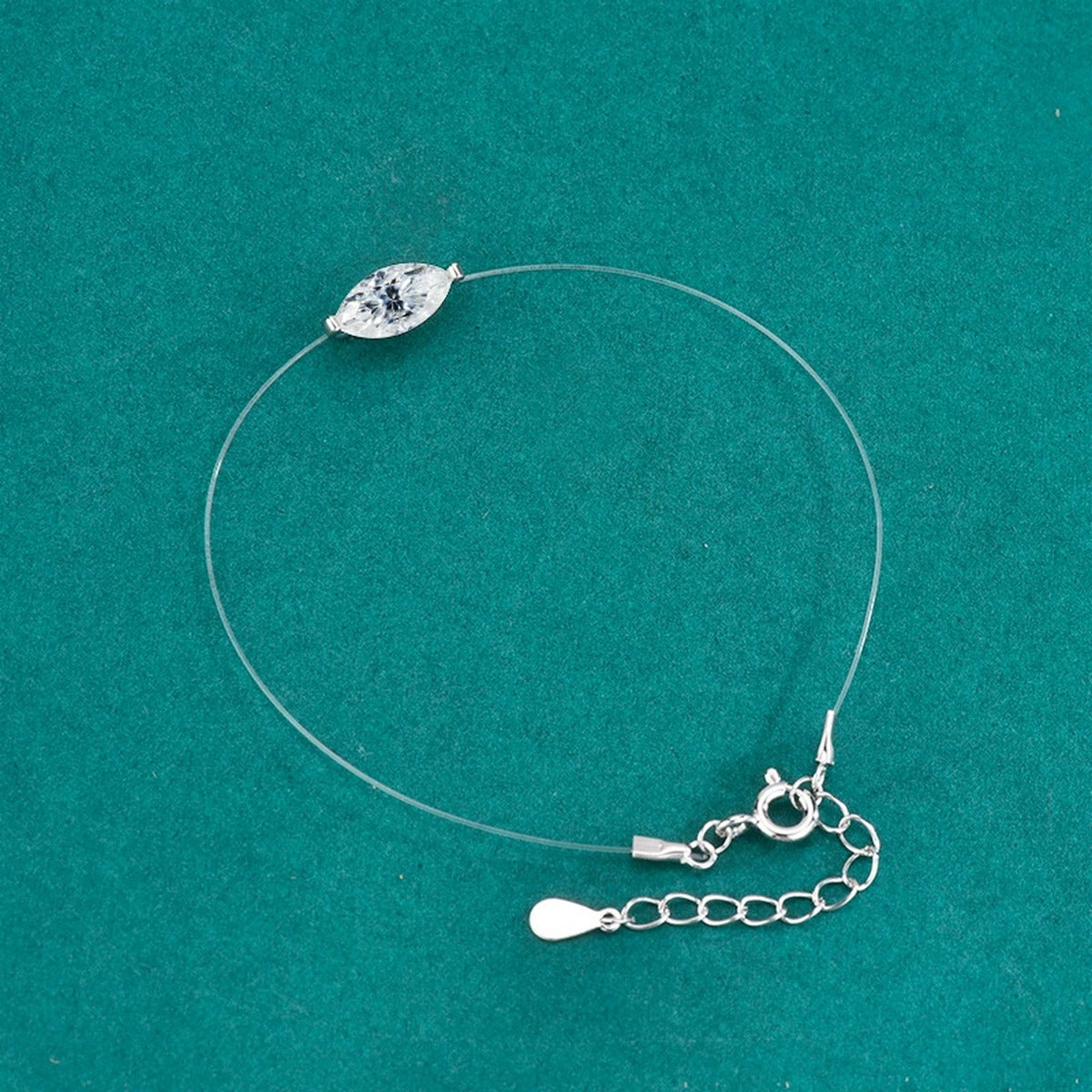 Marquise-Cut Moissanite Invisible Chain Bracelet in White Gold-Plated S925 sterling silver close-up bracelet detail view showing clasp and motif