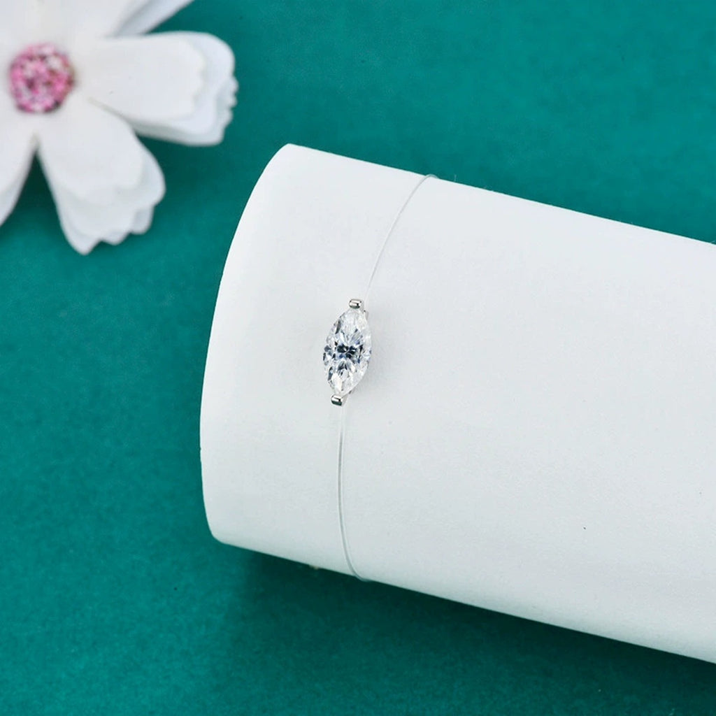 Marquise-Cut Moissanite Invisible Chain Bracelet in White Gold-Plated S925 sterling silver angled product display showing bracelet silhouette