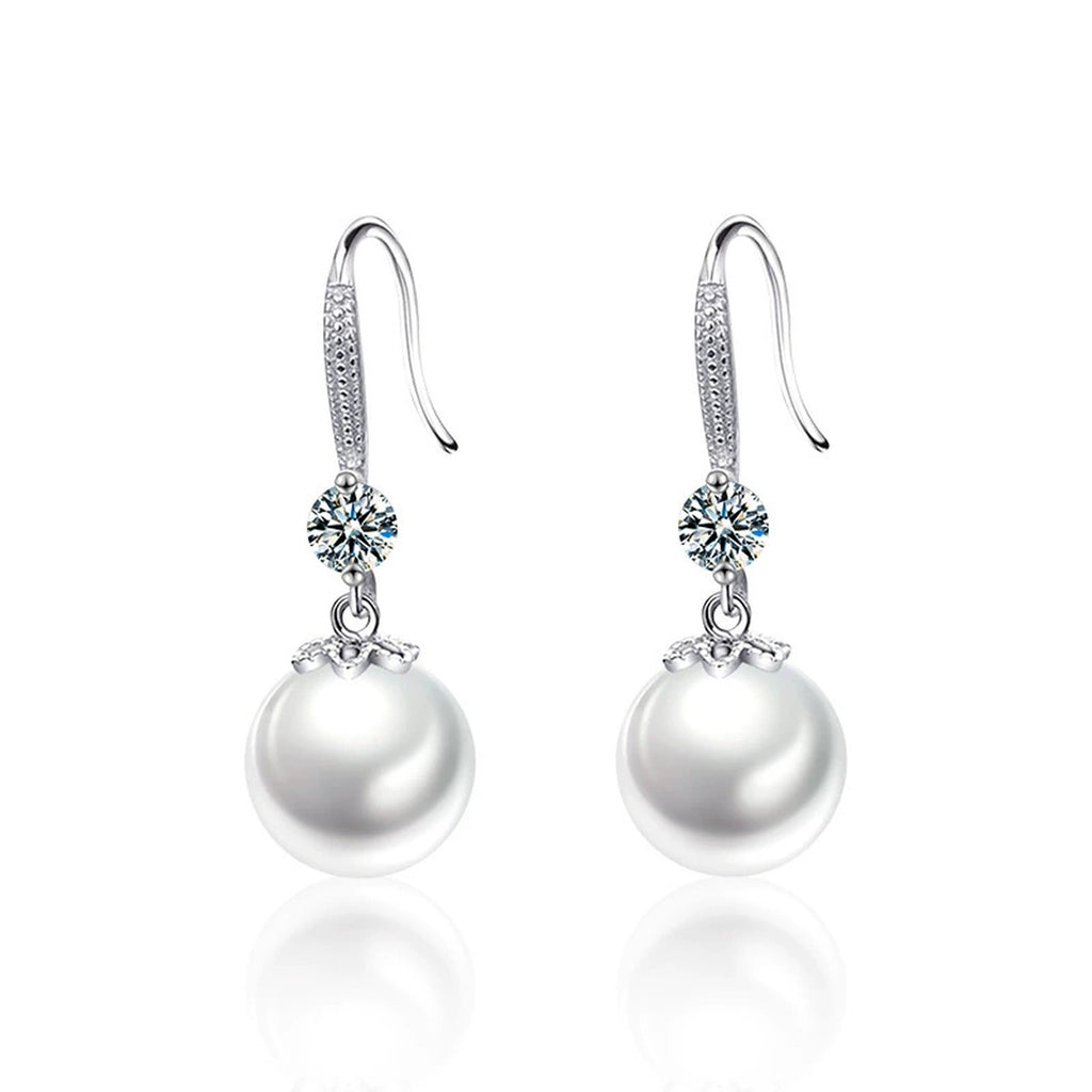 Pearl Round Moissanite Hook Dangle Earrings with CZ in White Gold-Plated S925 sterling silver white background product photo showing the pair, stone shape, and hook dangle earrings silhouette