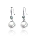 Pearl Round Moissanite Hook Dangle Earrings with CZ in White Gold-Plated S925 sterling silver white background product photo showing the pair, stone shape, and hook dangle earrings silhouette