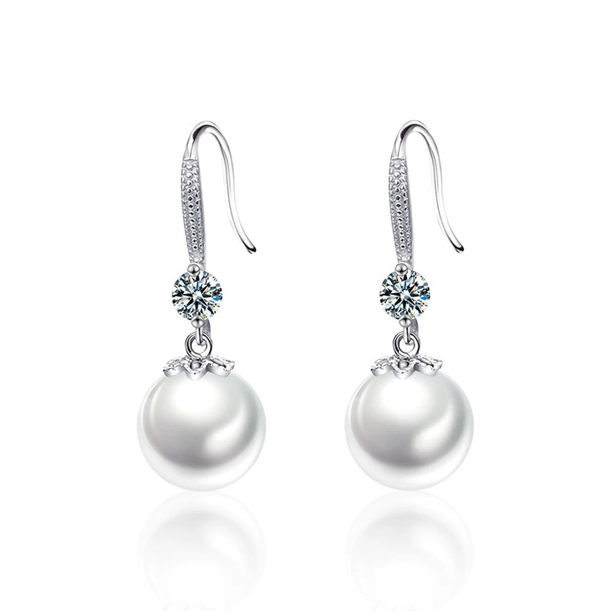 Pearl Round Moissanite Hook Dangle Earrings with CZ in White Gold-Plated S925 sterling silver white background product photo showing the pair, stone shape, and hook dangle earrings silhouette