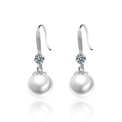Pearl Round Moissanite Hook Dangle Earrings with CZ in White Gold-Plated S925 sterling silver white background product photo showing the pair, stone shape, and hook dangle earrings silhouette