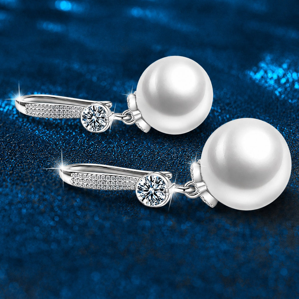 Pearl Round Moissanite Hook Dangle Earrings with CZ in White Gold-Plated S925 sterling silver product scene view showing front sparkle