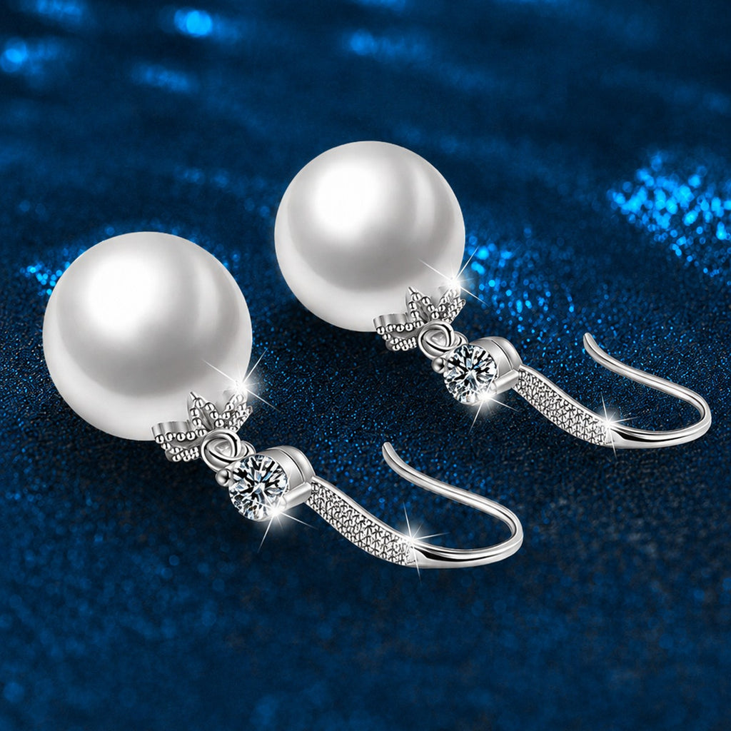 Pearl Round Moissanite Hook Dangle Earrings with CZ in White Gold-Plated S925 sterling silver product scene view showing angled setting detail