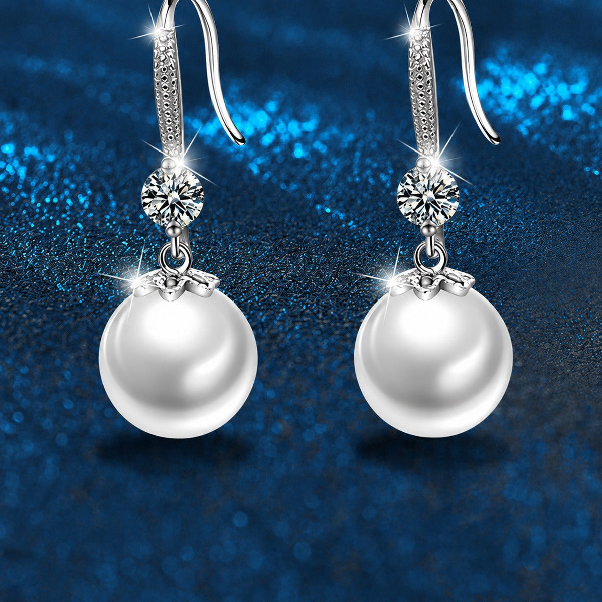 Pearl Round Moissanite Hook Dangle Earrings with CZ in White Gold-Plated S925 sterling silver product scene view showing side profile