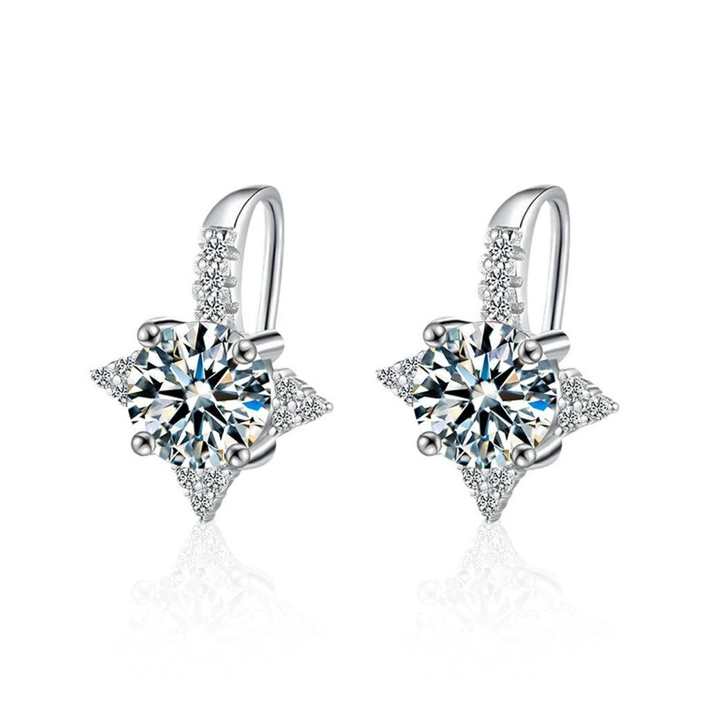 Star Halo Round Moissanite Hook Drop Earrings with CZ in White Gold-Plated S925 sterling silver white background product photo showing the pair, stone shape, and hook drop earrings silhouette