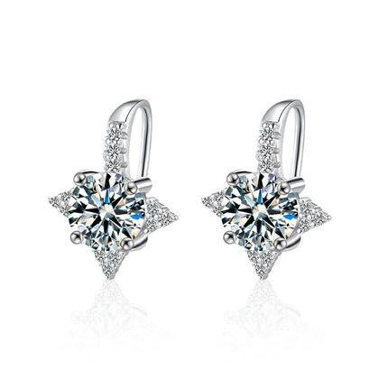 Star Halo Round Moissanite Hook Drop Earrings with CZ in White Gold-Plated S925 sterling silver white background product photo showing the pair, stone shape, and hook drop earrings silhouette
