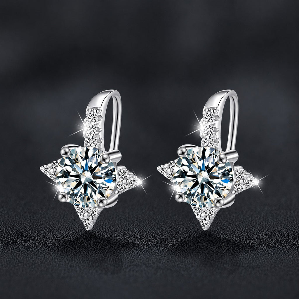 Star Halo Round Moissanite Hook Drop Earrings with CZ in White Gold-Plated S925 sterling silver product scene view showing front sparkle