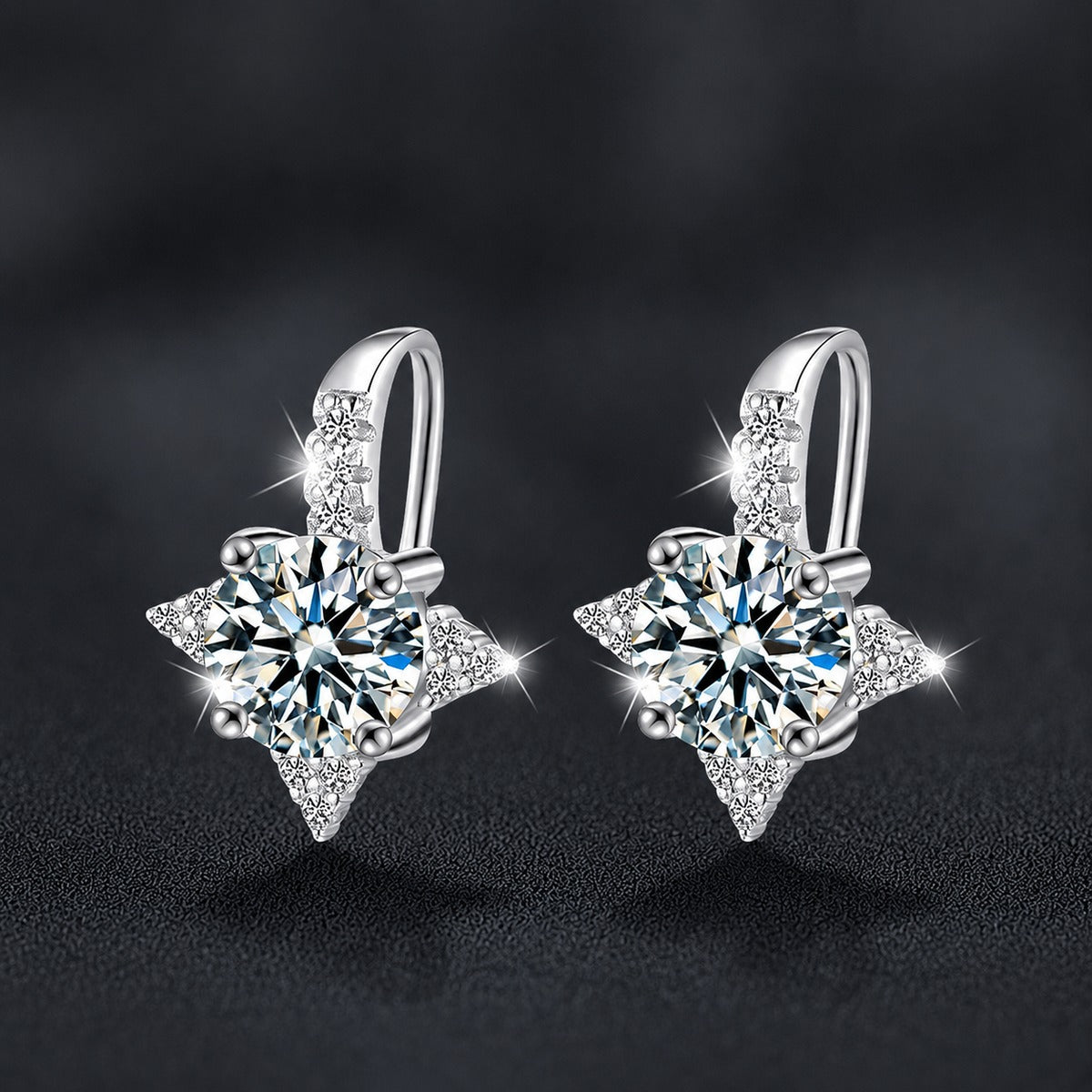 Star Halo Round Moissanite Hook Drop Earrings with CZ in White Gold-Plated S925 sterling silver product scene view showing front sparkle