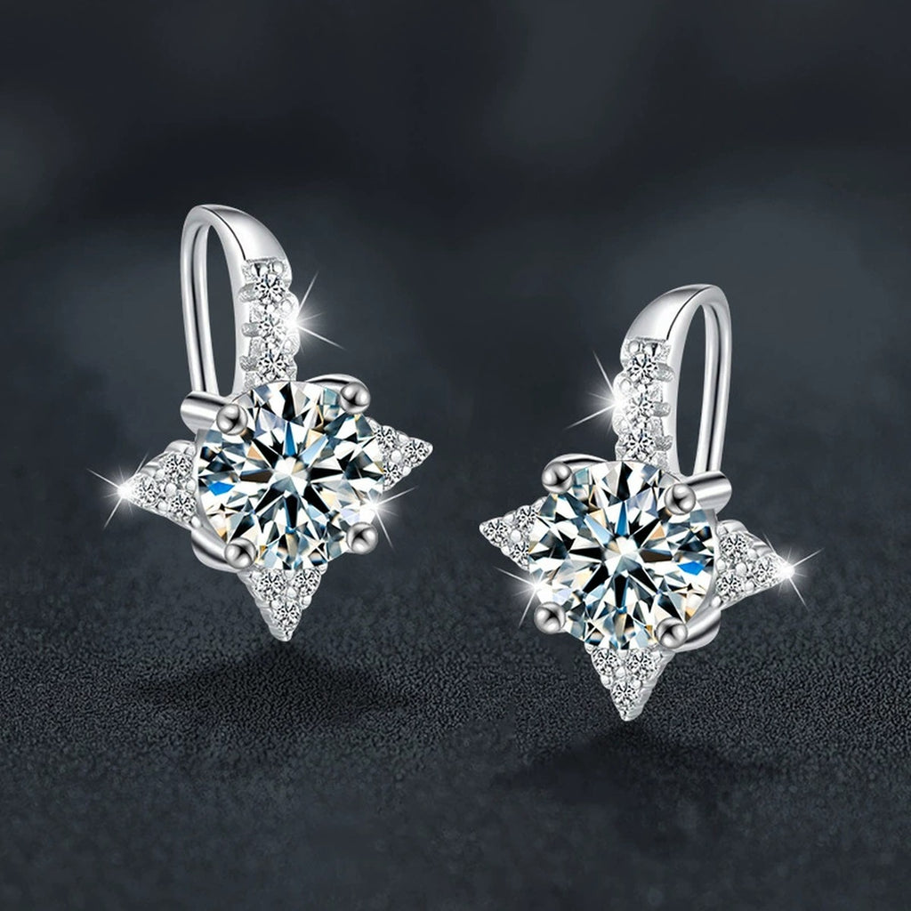 Star Halo Round Moissanite Hook Drop Earrings with CZ in White Gold-Plated S925 sterling silver product scene view showing angled setting detail