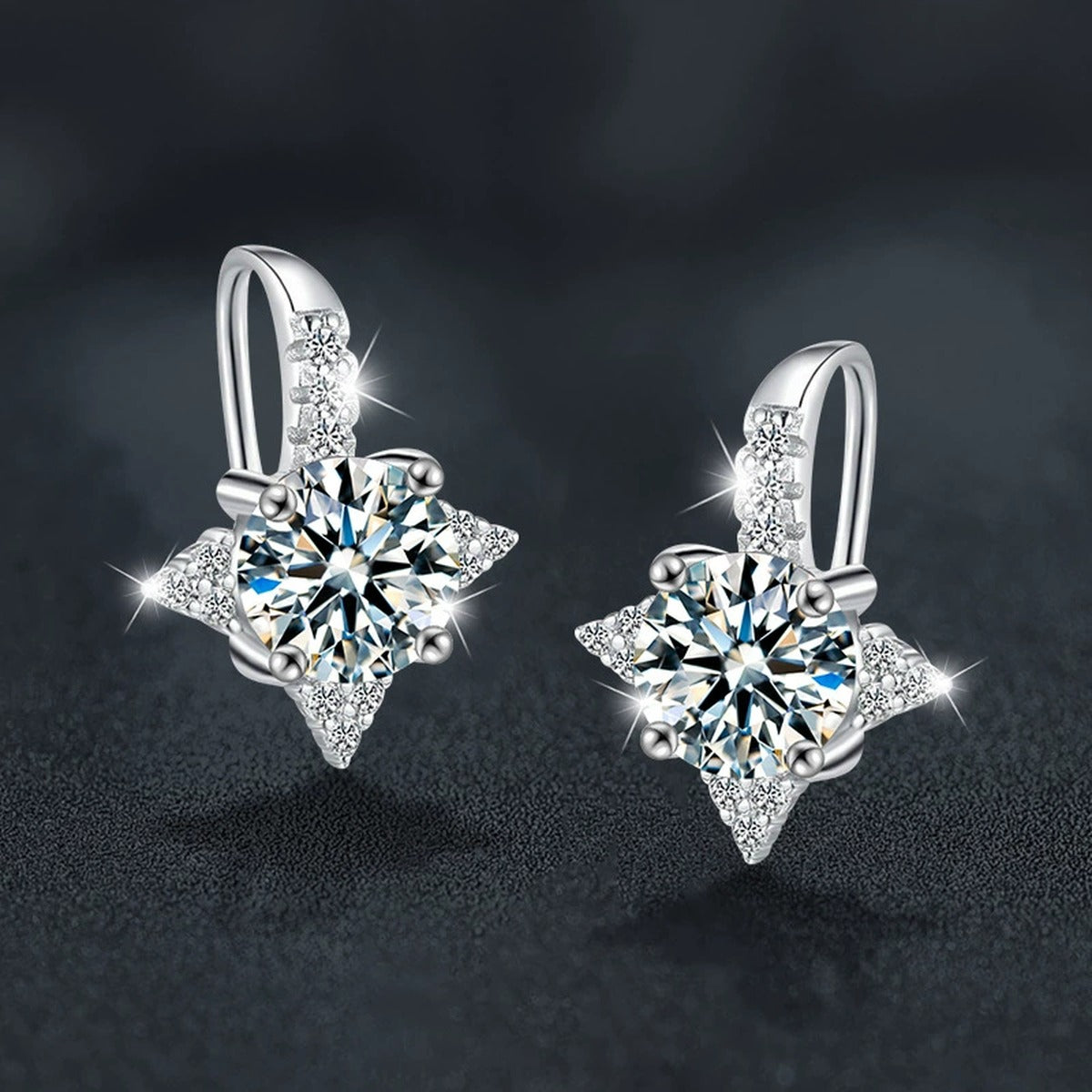 Star Halo Round Moissanite Hook Drop Earrings with CZ in White Gold-Plated S925 sterling silver product scene view showing angled setting detail