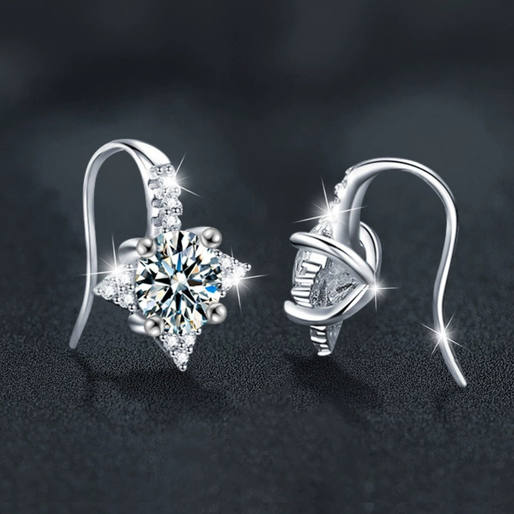 Star Halo Round Moissanite Hook Drop Earrings with CZ in White Gold-Plated S925 sterling silver product scene view showing side profile