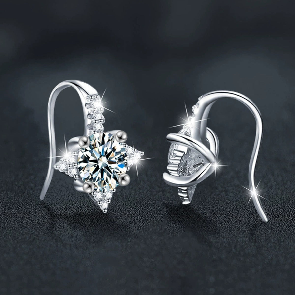 Star Halo Round Moissanite Hook Drop Earrings with CZ in White Gold-Plated S925 sterling silver product scene view showing side profile