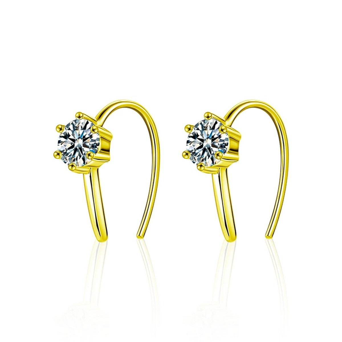 Round Moissanite Hook Earrings in Gold-Plated S925 sterling silver white background product photo showing the pair, stone shape, and earrings silhouette