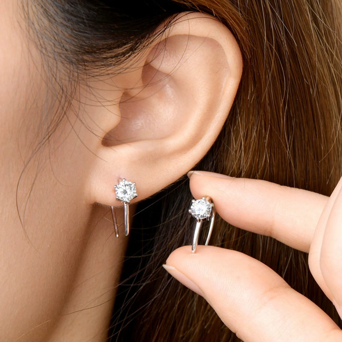 Round Moissanite Hook Earrings in Gold-Plated S925 sterling silver worn on ear by model showing scale, placement, and earrings styling