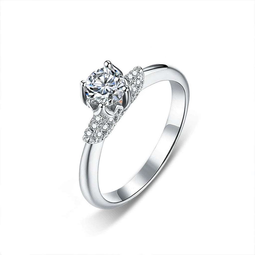 Crown Halo Round Moissanite Engagement Ring with CZ in white gold-plated S925 sterling silver on clean white background