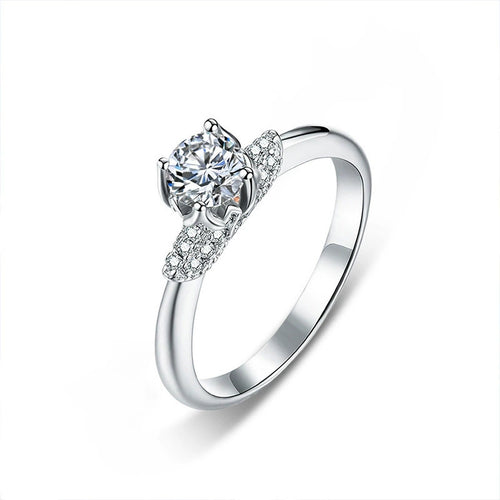 Crown Halo Round Moissanite Engagement Ring with CZ in white gold-plated S925 sterling silver on clean white background