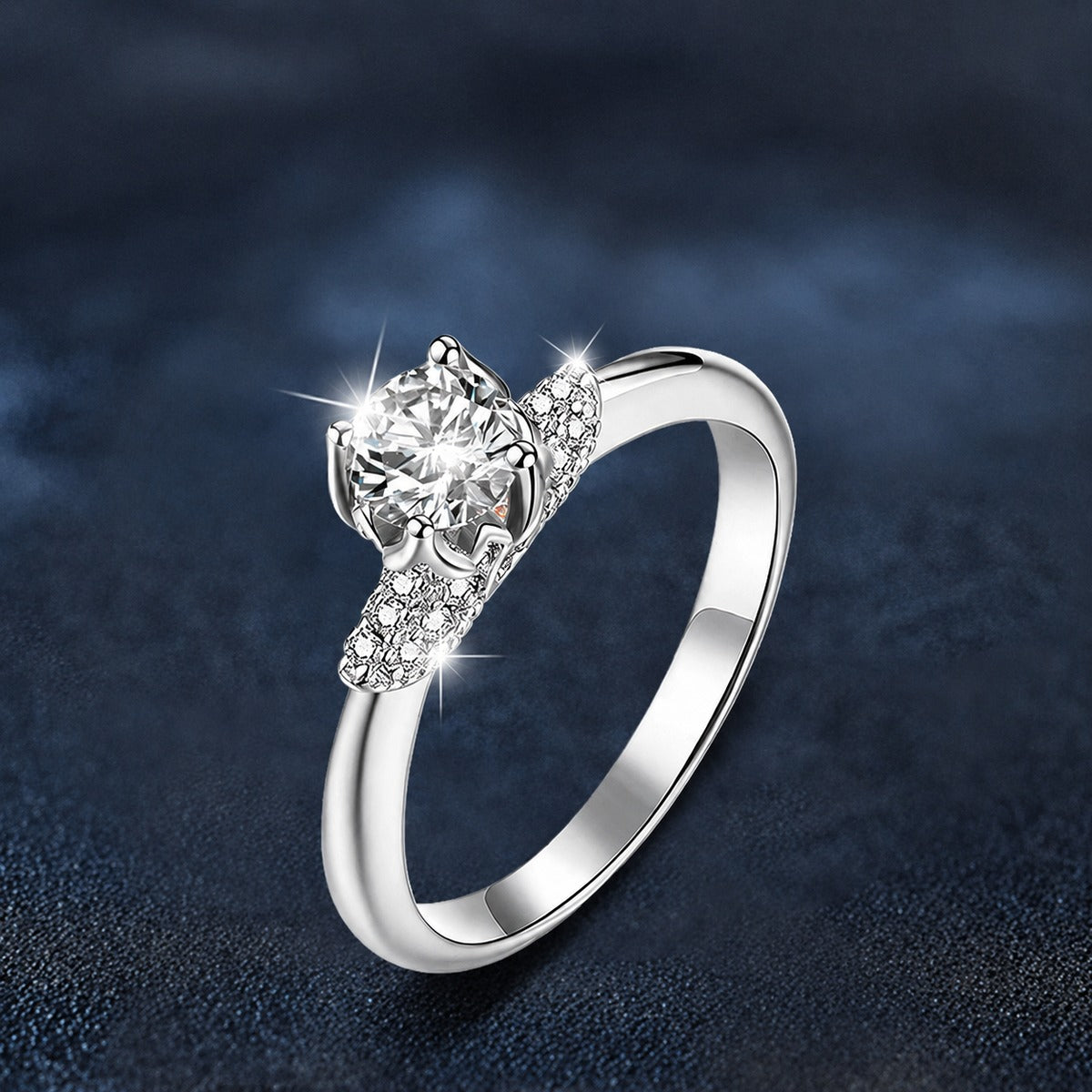 Crown Halo Round Moissanite Engagement Ring with CZ close-up detail view with moissanite sparkle