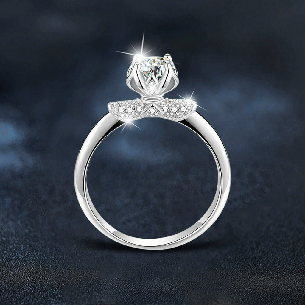 Crown Halo Round Moissanite Engagement Ring with CZ close-up detail view with moissanite sparkle