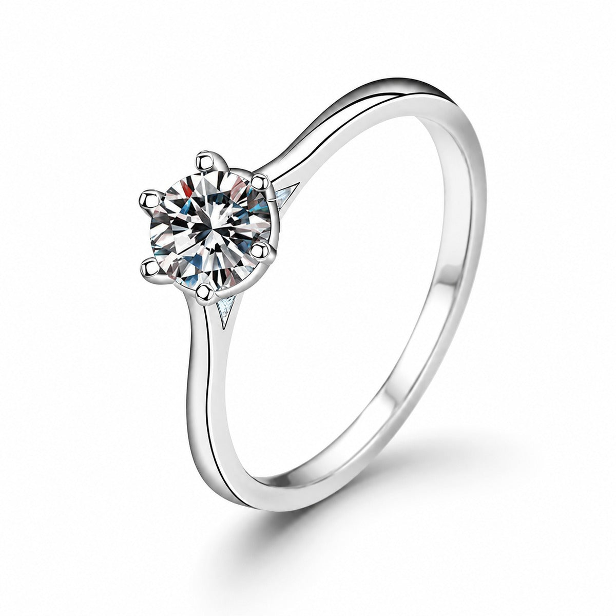 Classic Six-Prong Round Moissanite Solitaire Engagement Ring in white gold-plated S925 sterling silver on clean white background
